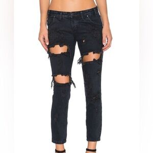 One Teaspoon Fox Black Freebirds Jeans Distressed Skinny Straight Ankle Zipper